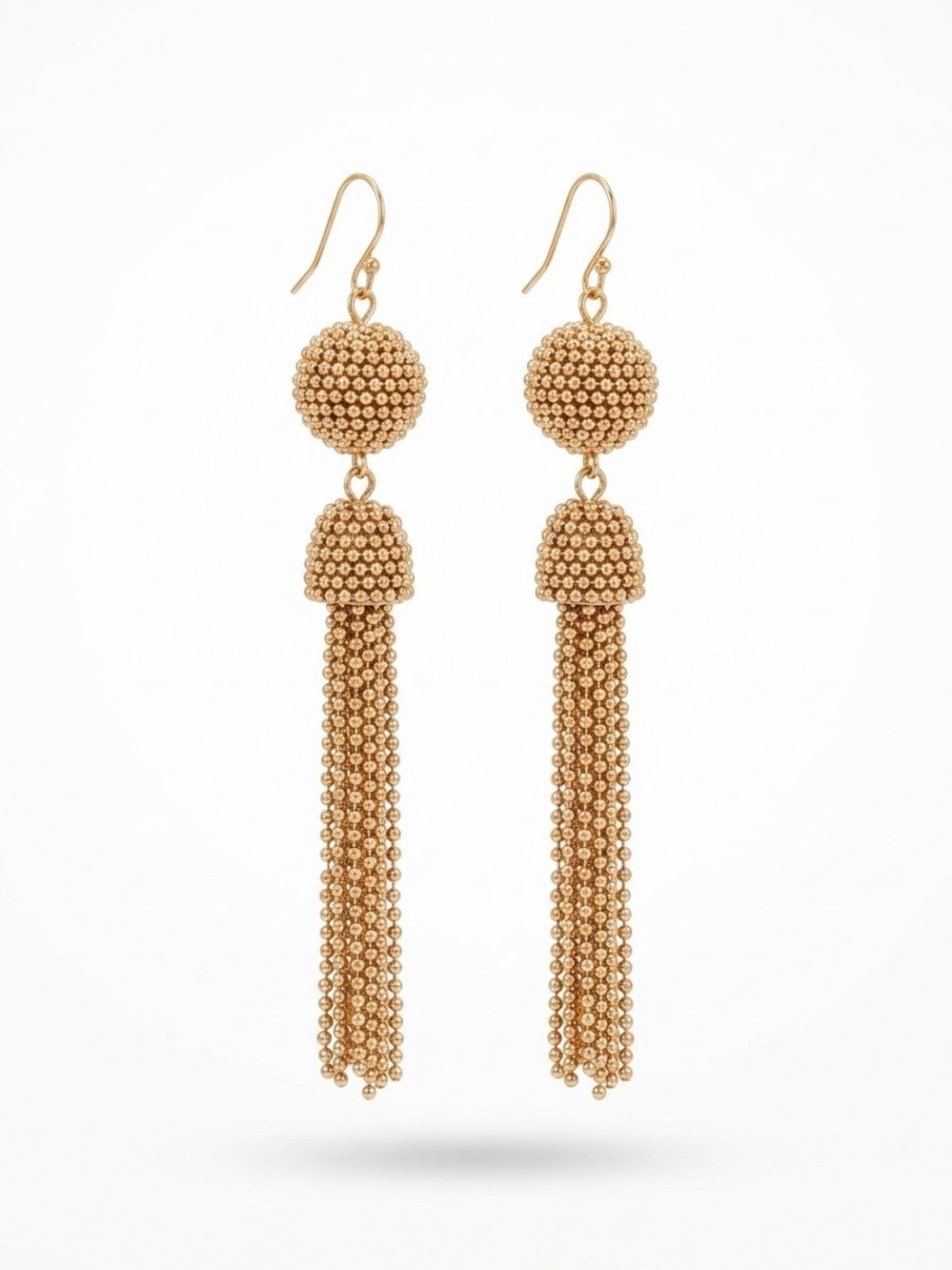 Gold Beaded Tassel Drop Earrings - Picture 1 of 5